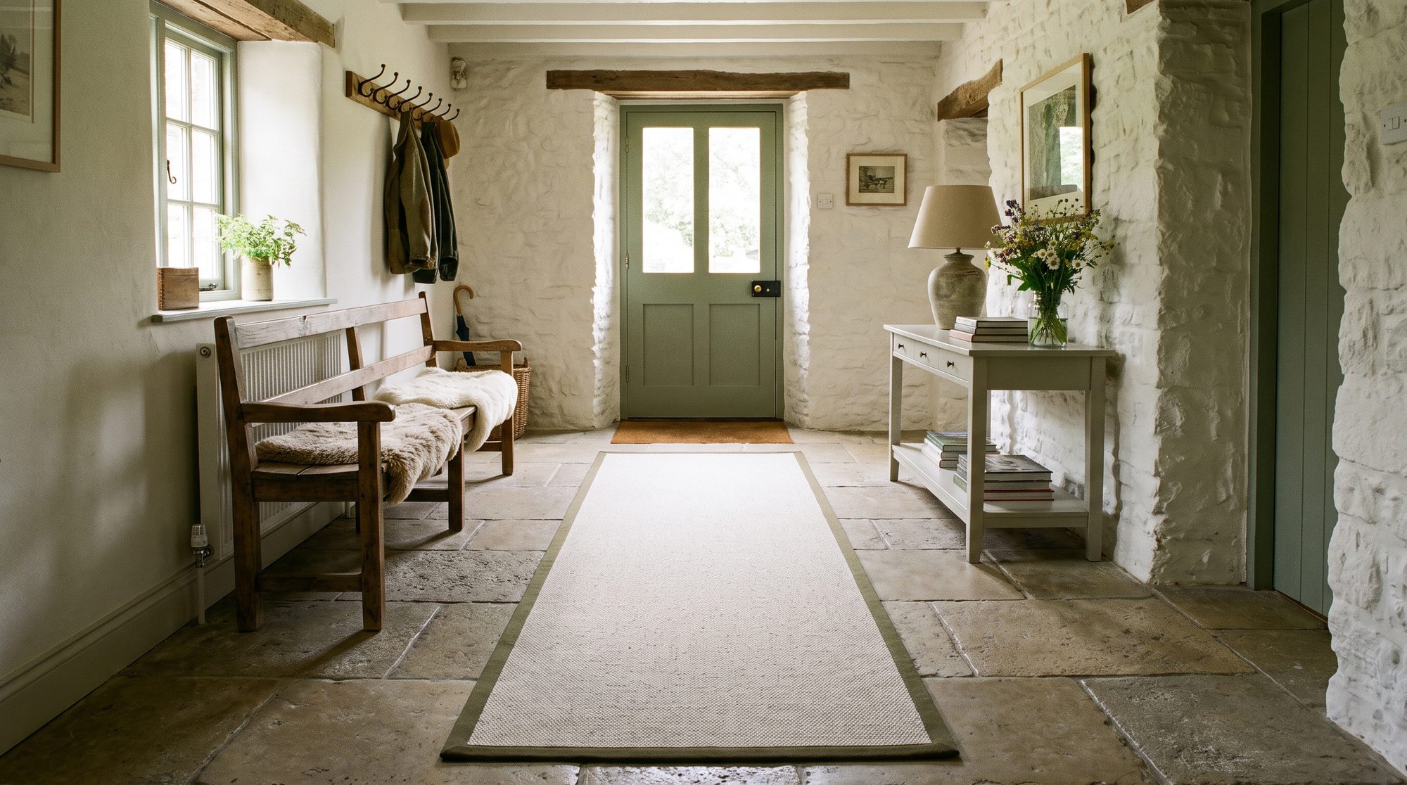 Long oatmeal runner with an olive border on a flagstone cottage hallway