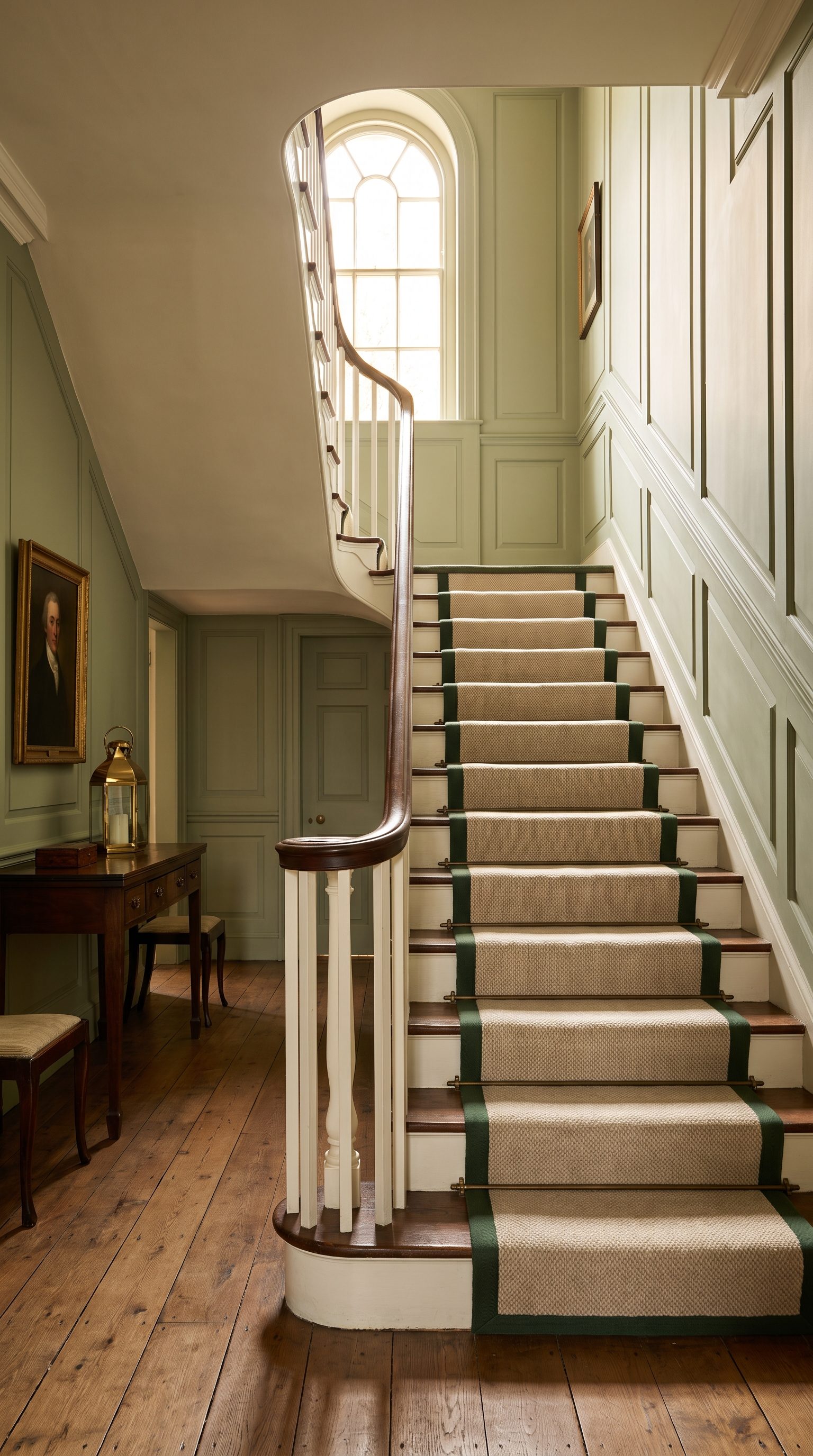Oatmeal stair runner with green tape edge on a period staircase
