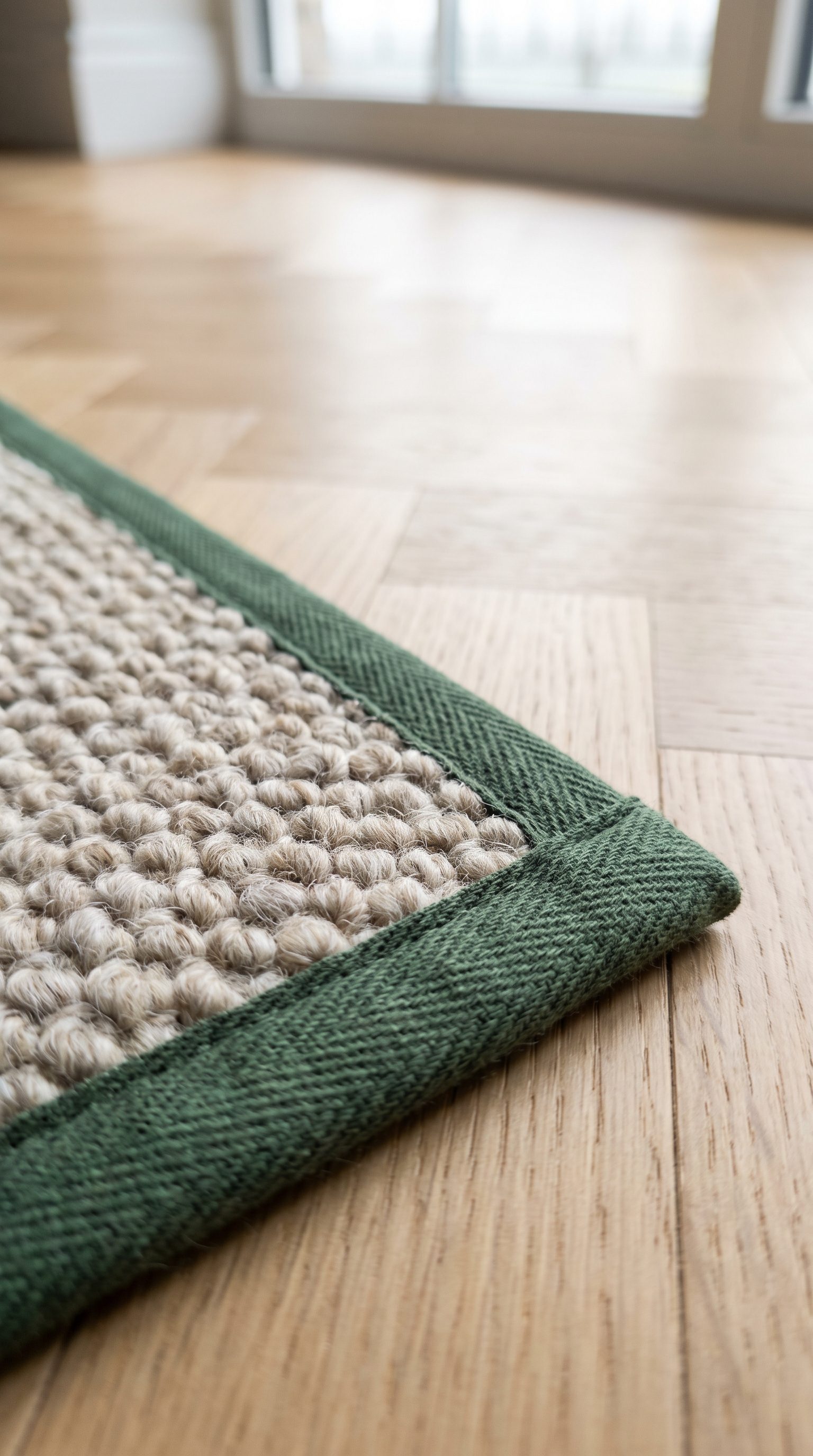 Corner of an oatmeal wool rug with a green tape edge